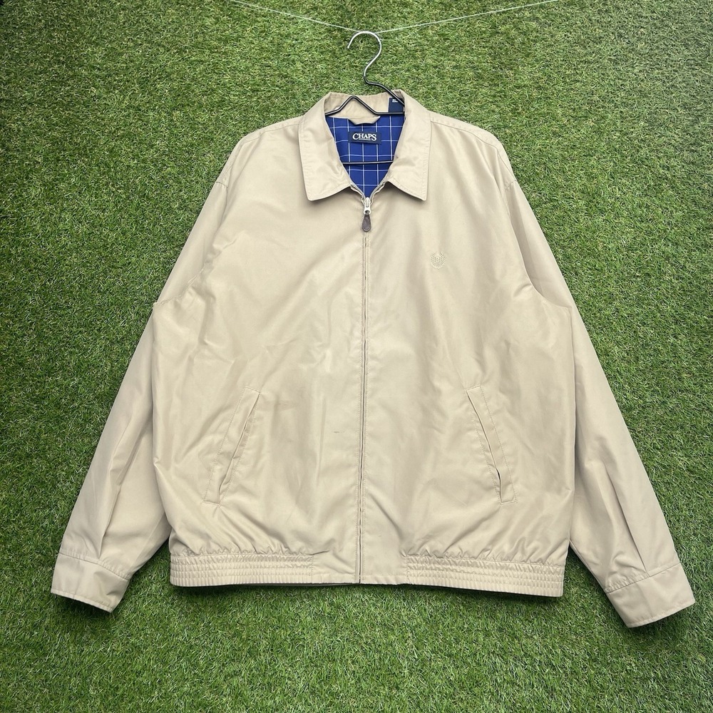 CHAPS Harrington Jacket Mens XL Coat Tan Khaki Plaid Lining Preppy Zip Up